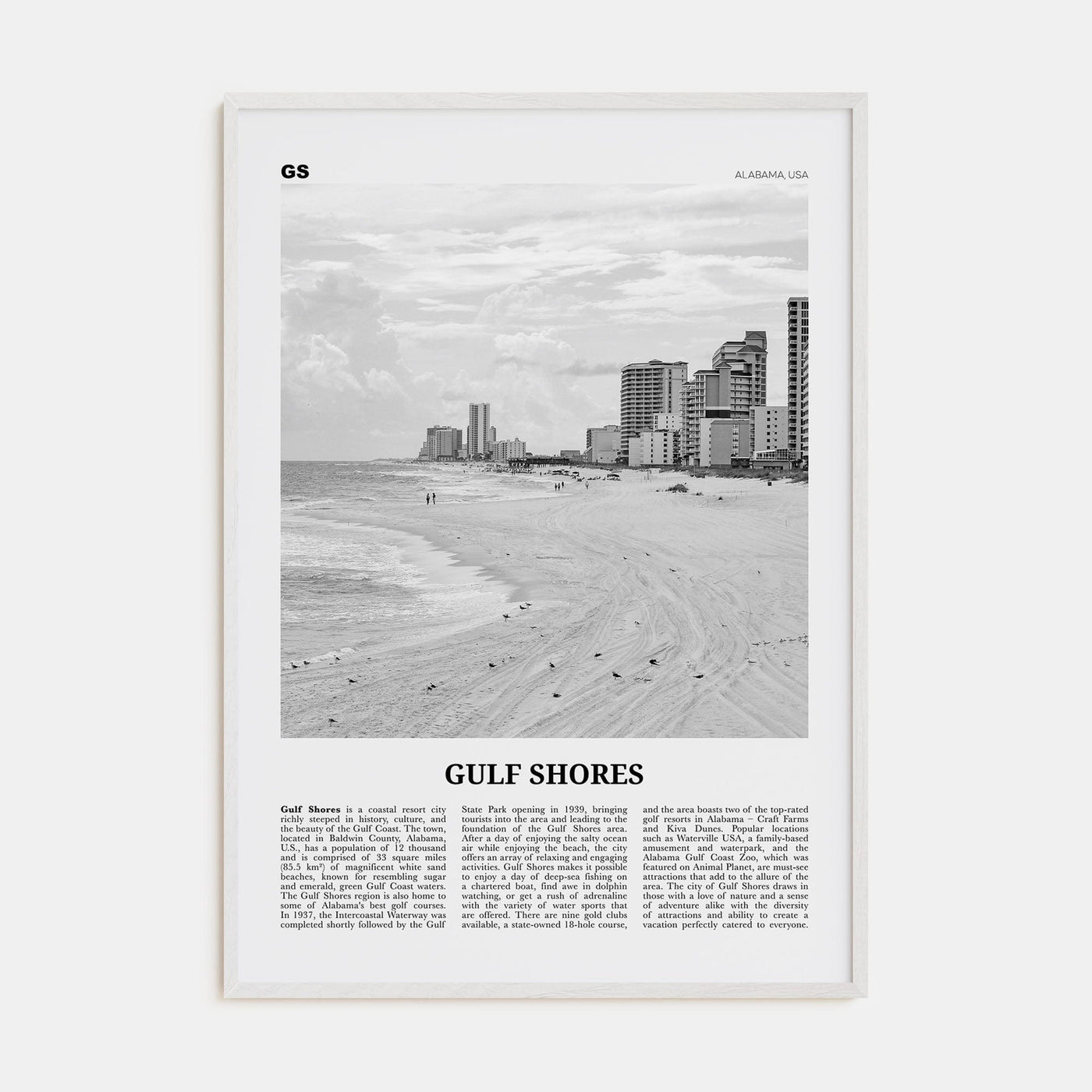 Gulf Shores Poster White Wood / 8x12 in Nbourhood Travel B&W Poster