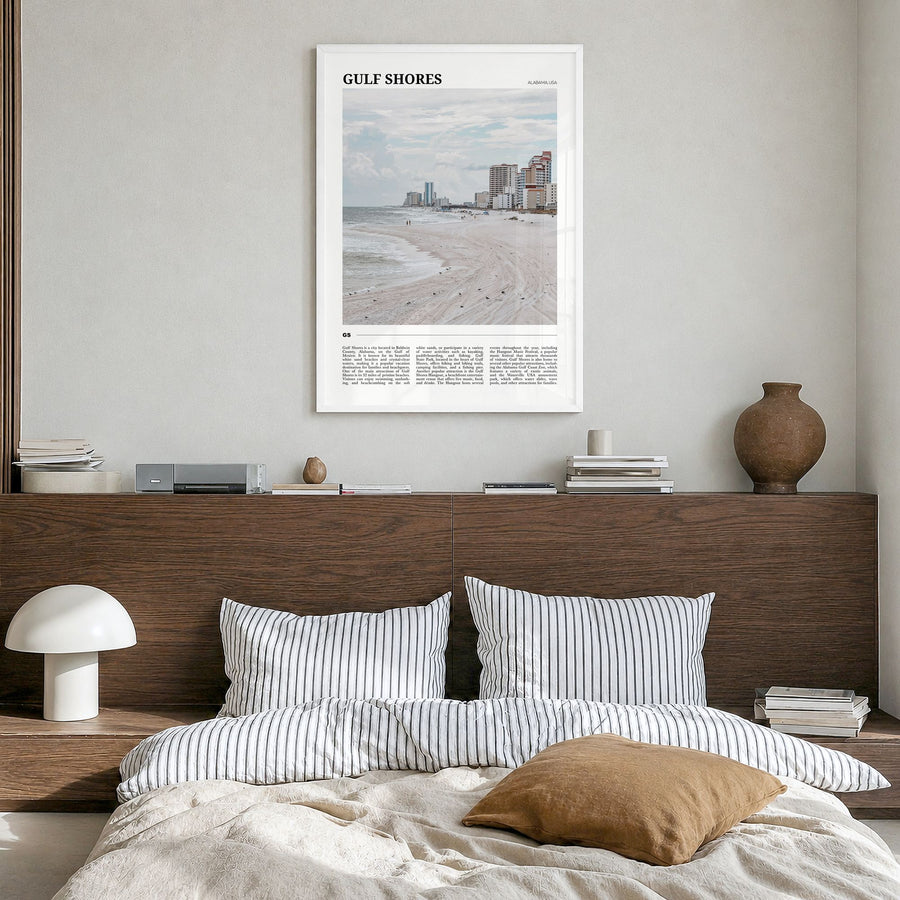 Gulf Shores Travel Poster in a white wood frame, hanging in a bedroom