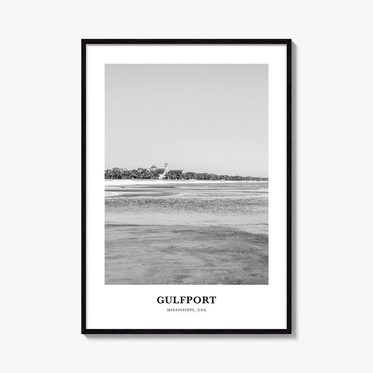 Gulfport black & white classic poster of Mississippi, USA – vertical wall art, unframed print shown in interior mockup