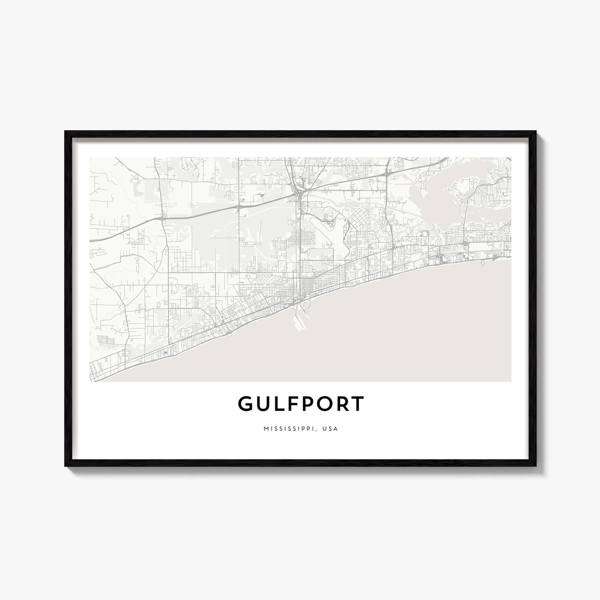 Gulfport black & white map poster of Mississippi, USA – horizontal wall art, unframed print shown in interior mockup