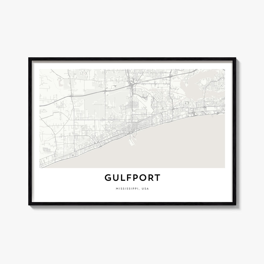 Gulfport black & white map poster of Mississippi, USA – horizontal wall art, unframed print shown in interior mockup
