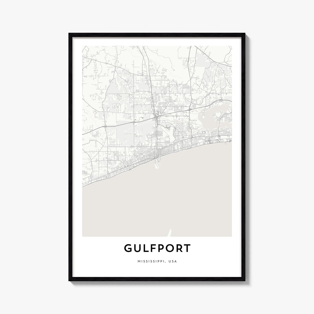 Gulfport black & white map poster of Mississippi, USA – vertical wall art, unframed print shown in interior mockup