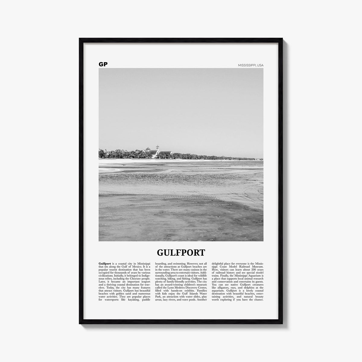 Gulfport black & white newspaper poster of Mississippi, USA – vertical wall art, unframed print shown in interior mockup