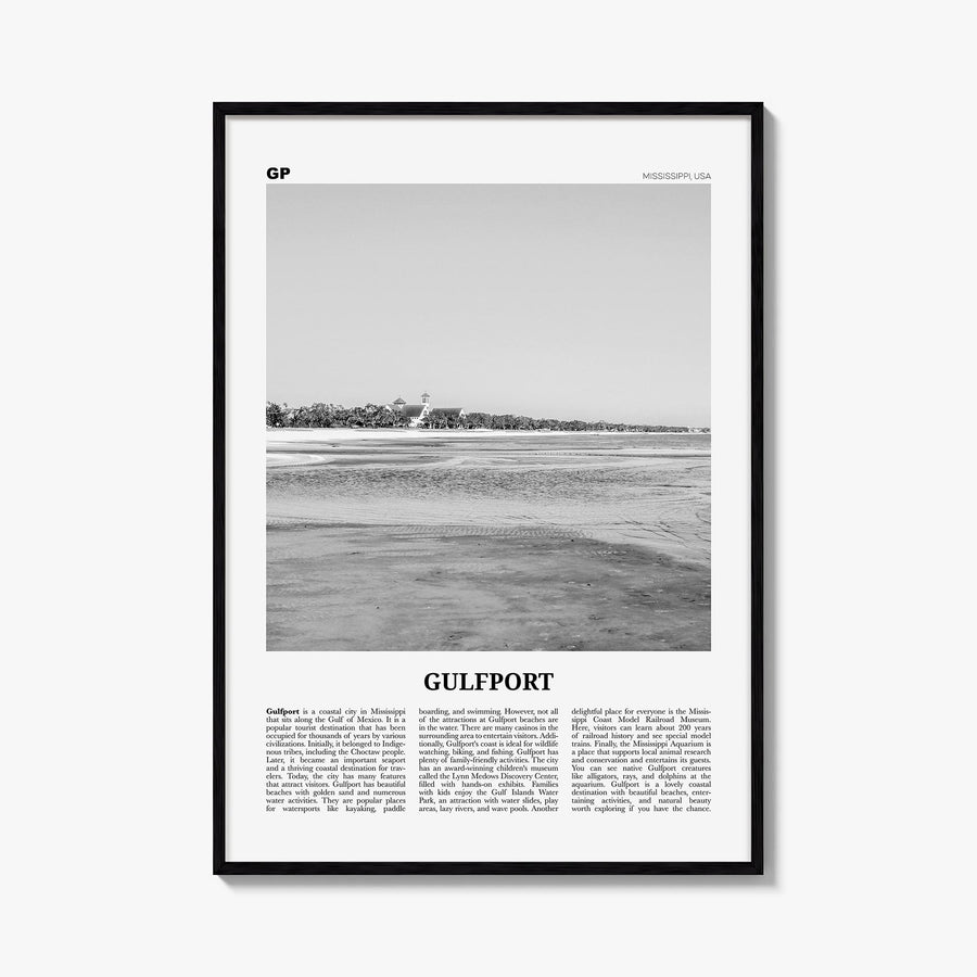 Gulfport black & white newspaper poster of Mississippi, USA – vertical wall art, unframed print shown in interior mockup