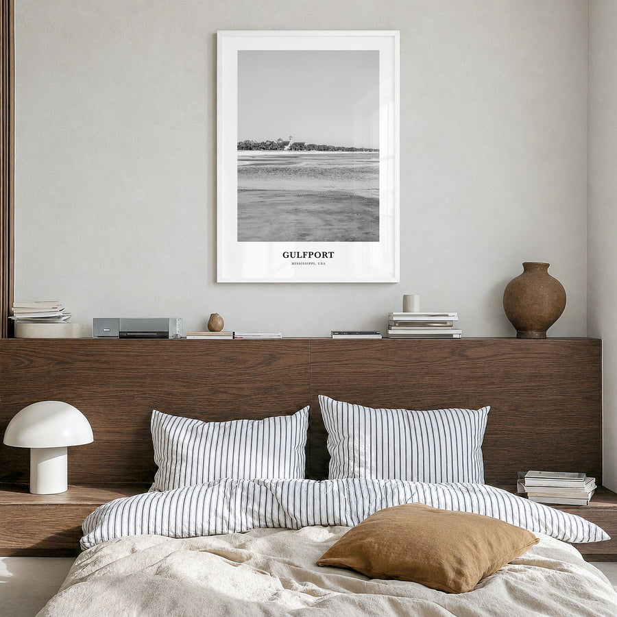 Gulfport Classic Poster in a white wood frame, hanging in a bedroom