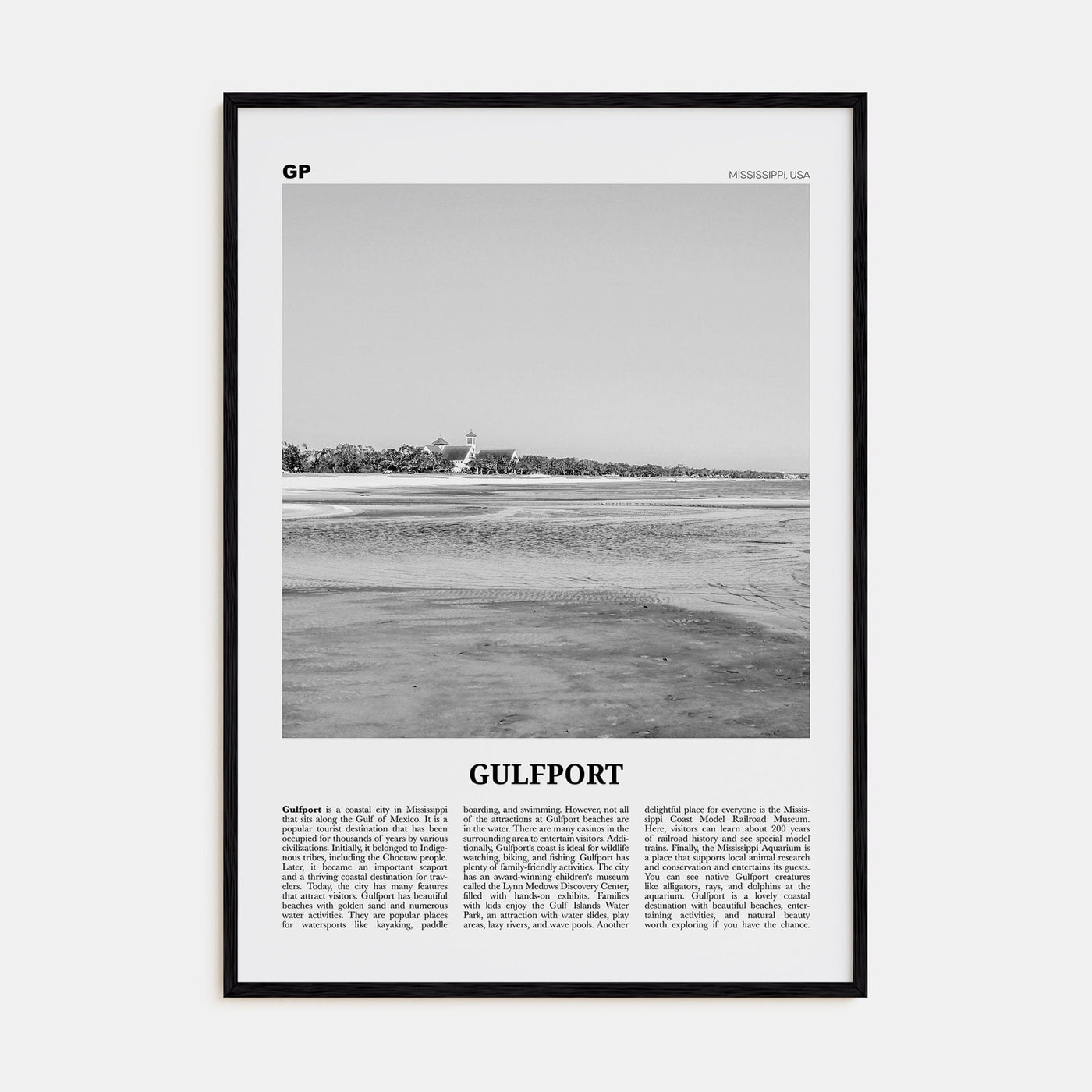 Gulfport Poster Black Wood / 8x12 in Nbourhood Travel B&W Poster