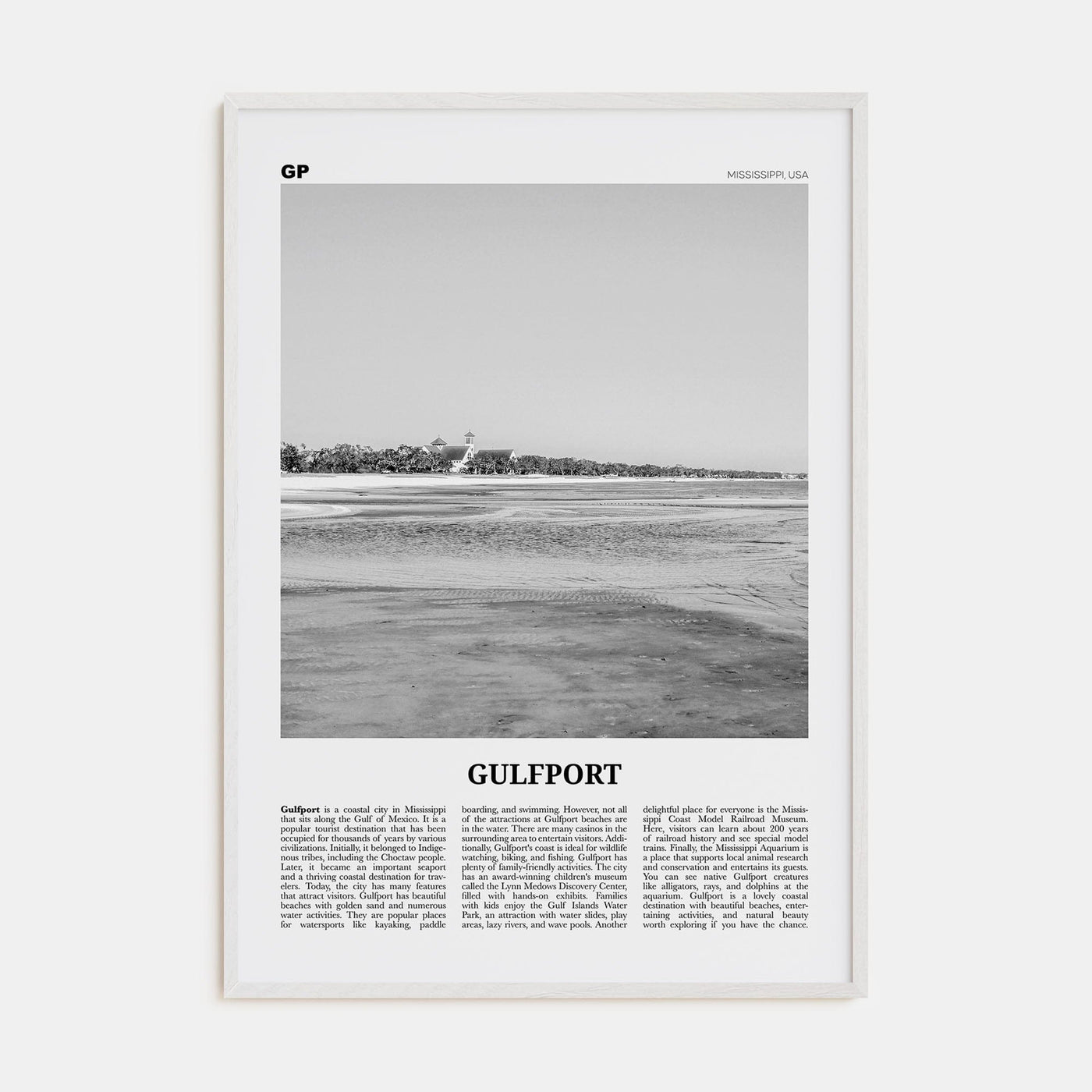 Gulfport Poster White Wood / 8x12 in Nbourhood Travel B&W Poster