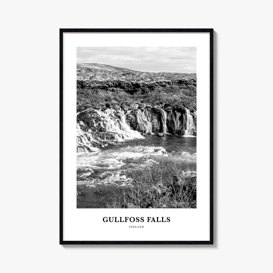 Gullfoss Falls black & white classic poster of Iceland – vertical wall art, unframed print shown in interior mockup