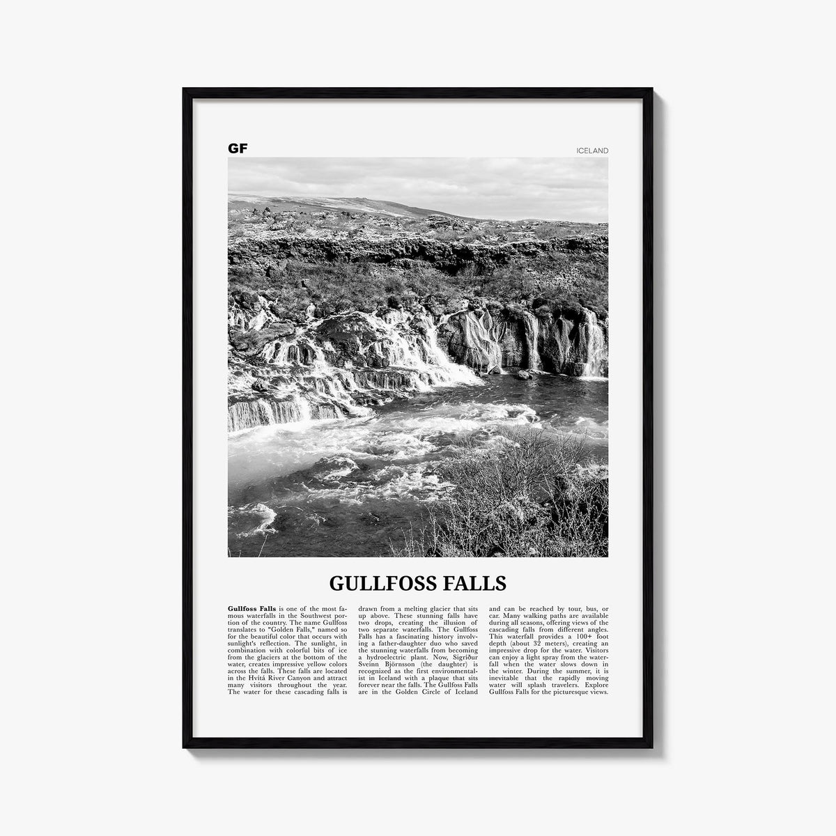 Gullfoss Falls black & white newspaper poster of Iceland – vertical wall art, unframed print shown in interior mockup