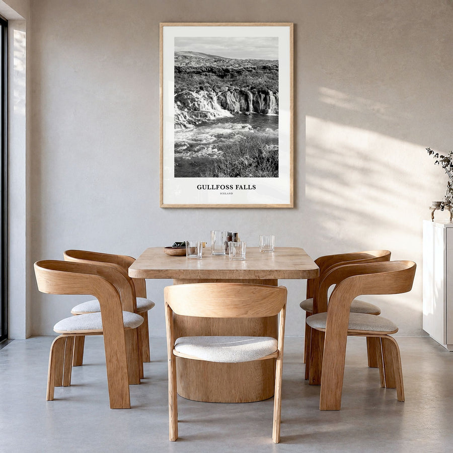 Gullfoss Falls Classic Poster in a natural wood frame, hanging in a dining room
