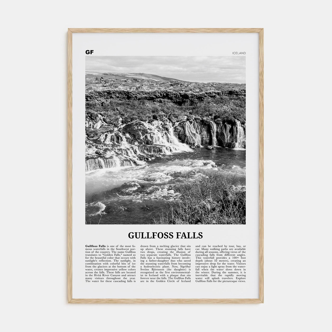 Gullfoss Falls Poster Natural Wood / 8x12 in Nbourhood Travel B&W Poster