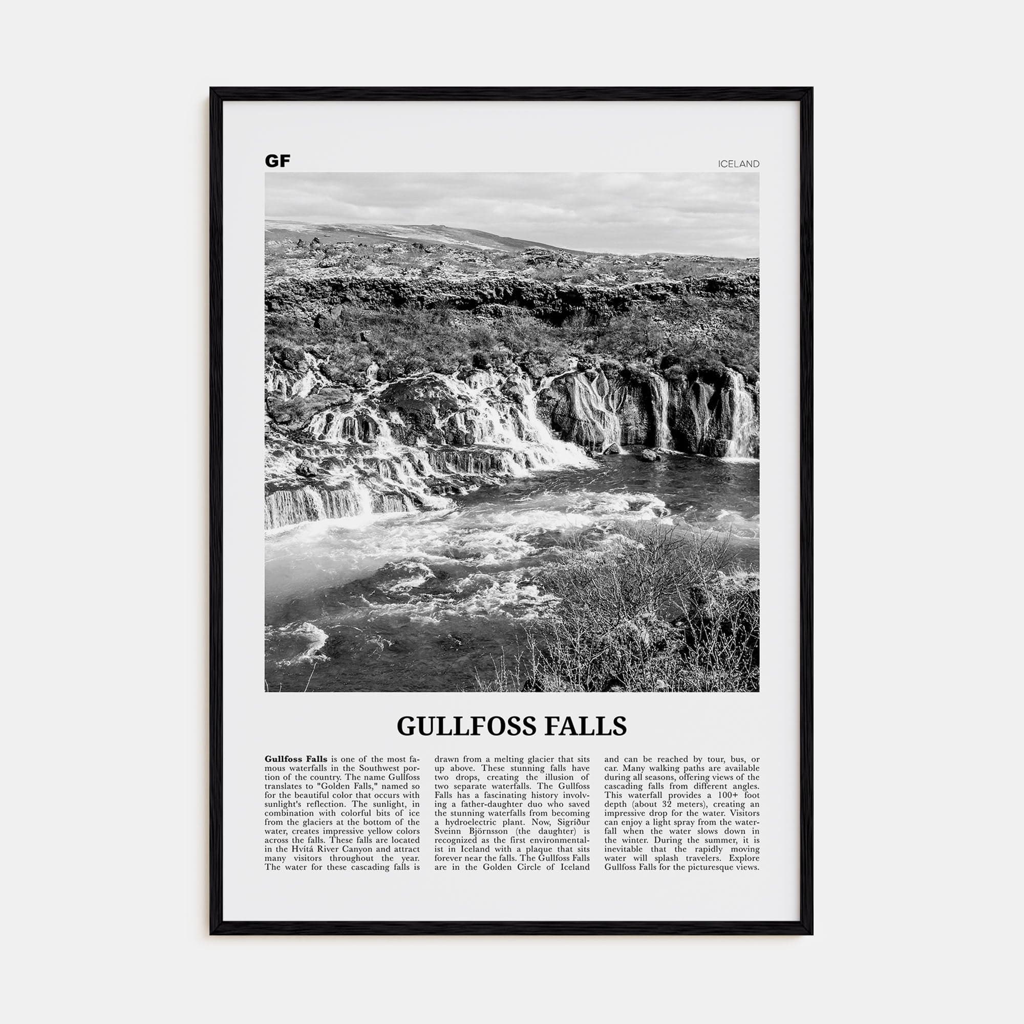 Gullfoss Falls Poster Black Wood / 8x12 in Nbourhood Travel B&W Poster