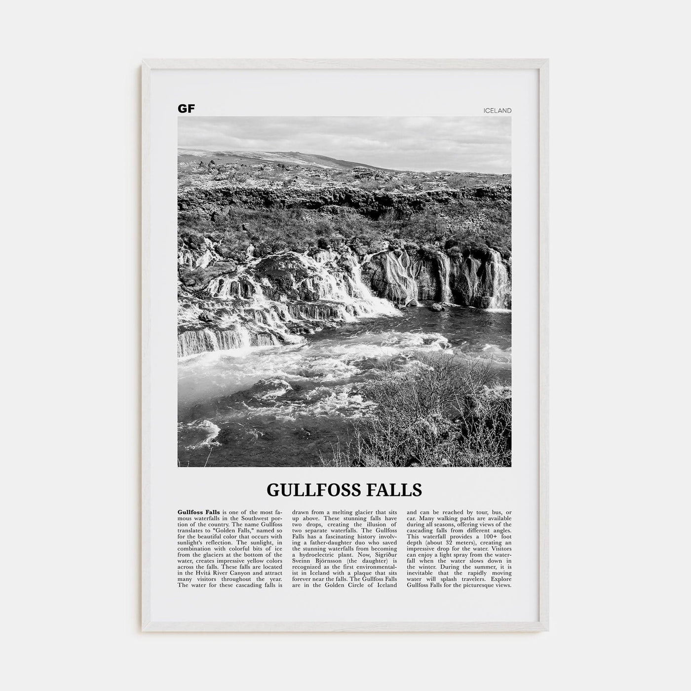 Gullfoss Falls Poster White Wood / 8x12 in Nbourhood Travel B&W Poster