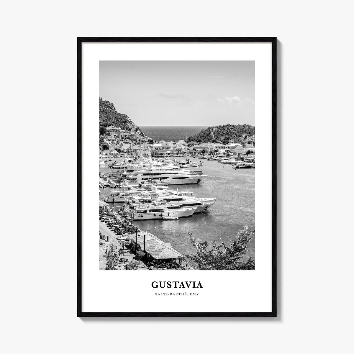 Gustavia black & white classic poster of Saint Barthélemy – vertical wall art, unframed print shown in interior mockup