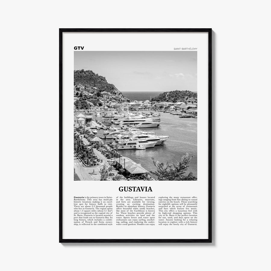 Gustavia black & white newspaper poster of Saint Barthélemy – vertical wall art, unframed print shown in interior mockup