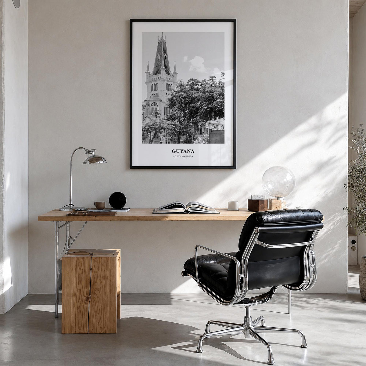 Guyana black & white classic poster of South America – vertical wall art in black wood frame, hanging on wall