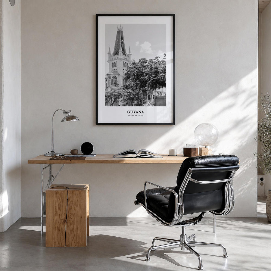Guyana black & white classic poster of South America – vertical wall art in black wood frame, hanging on wall