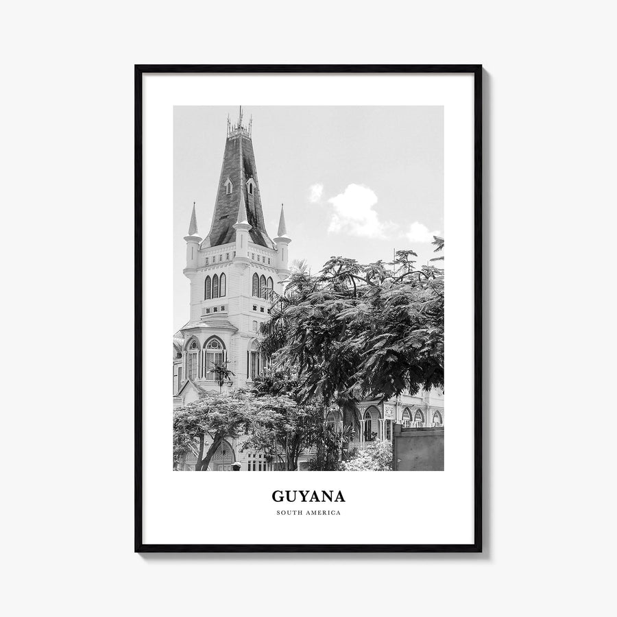 Guyana black & white classic poster of South America – vertical wall art, unframed print shown in interior mockup