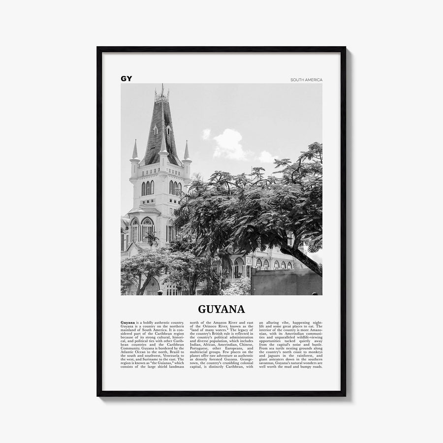 Guyana black & white newspaper poster of South America – vertical wall art, unframed print shown in interior mockup
