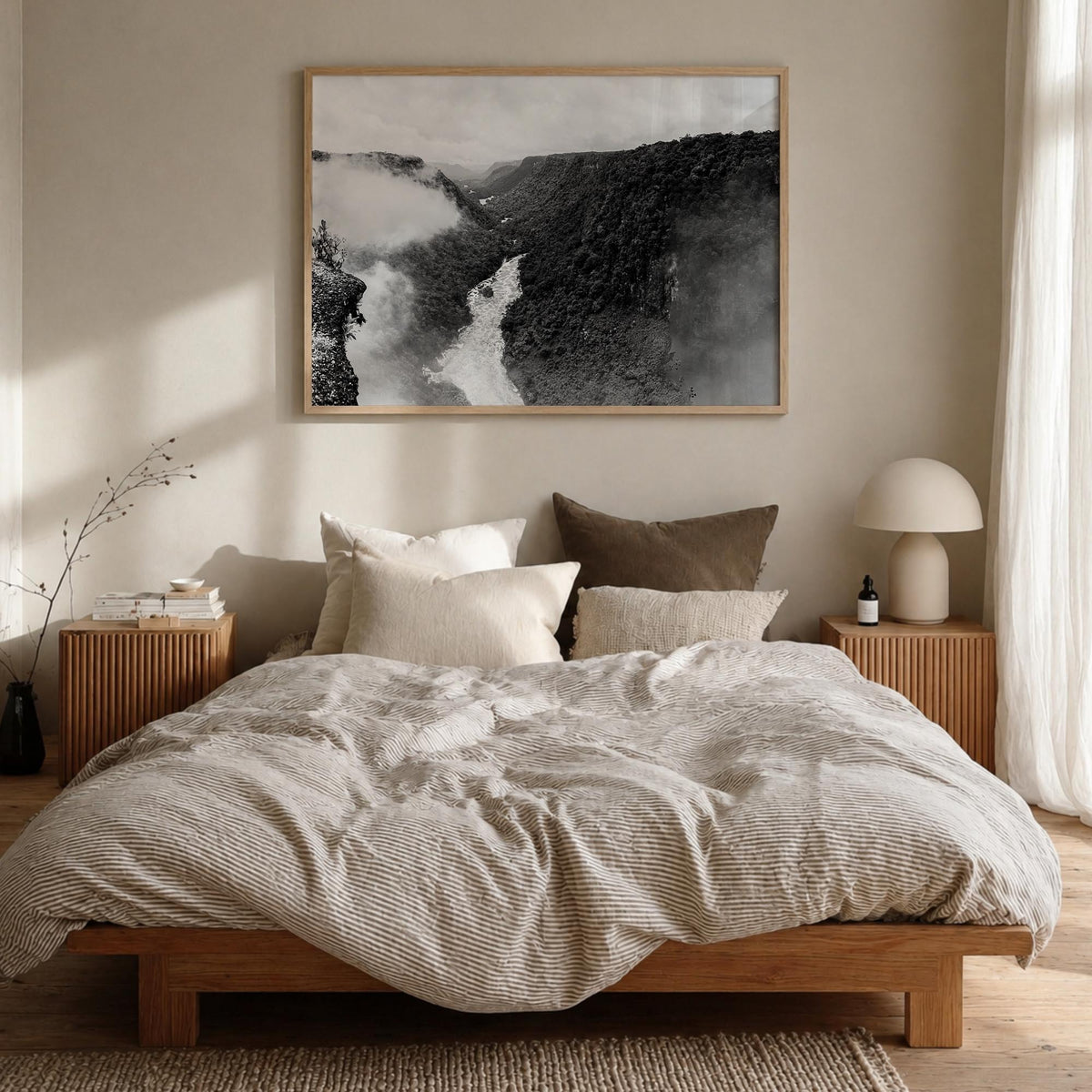 Guyana black & white photo poster of South America – horizontal wall art in natural wood frame, hanging on wall