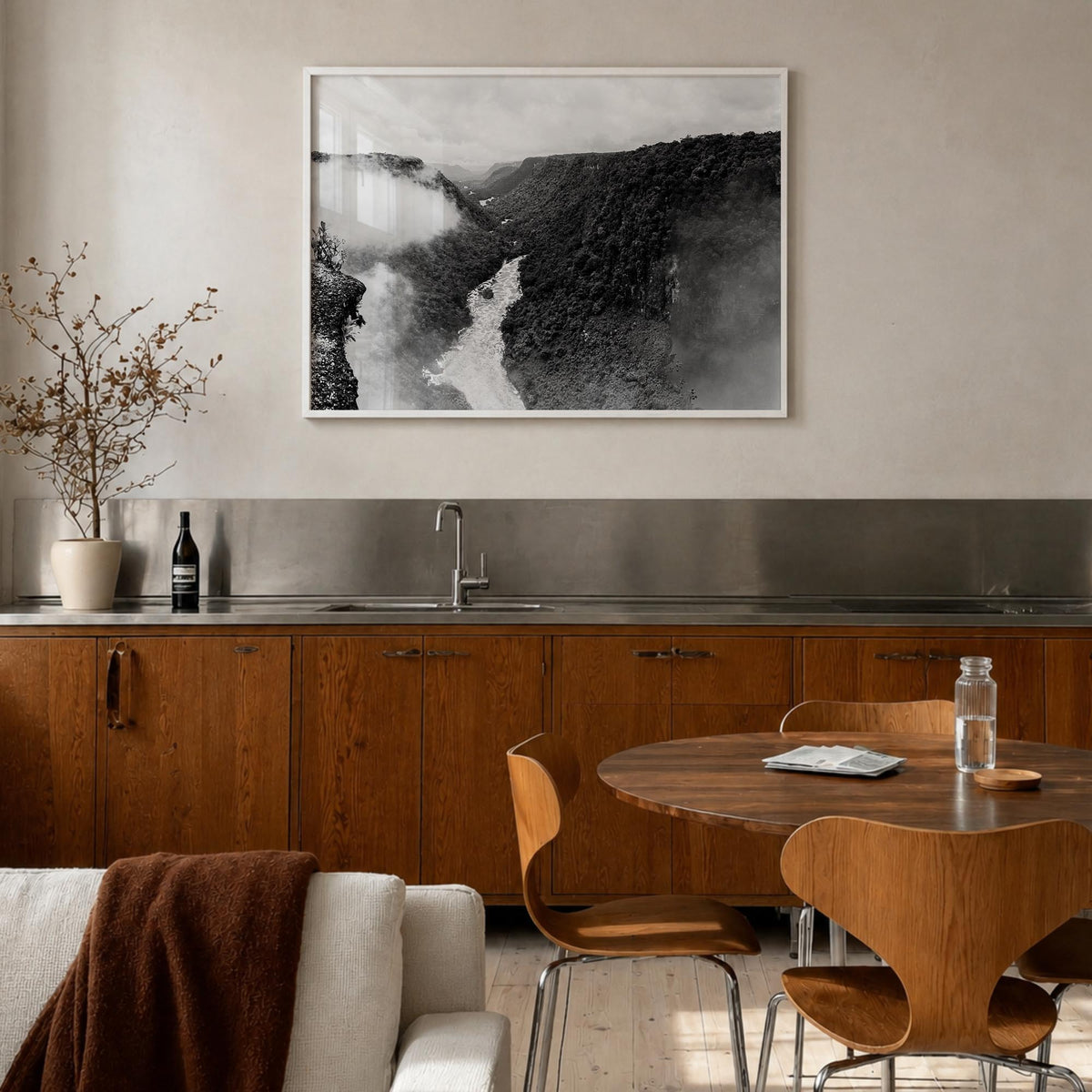 Guyana black & white photo poster of South America – horizontal wall art in white wood frame, hanging on wall