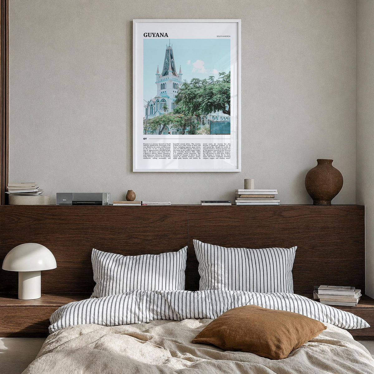 Guyana colorful travel poster of South America – vertical wall art in white wood frame, hanging on wall