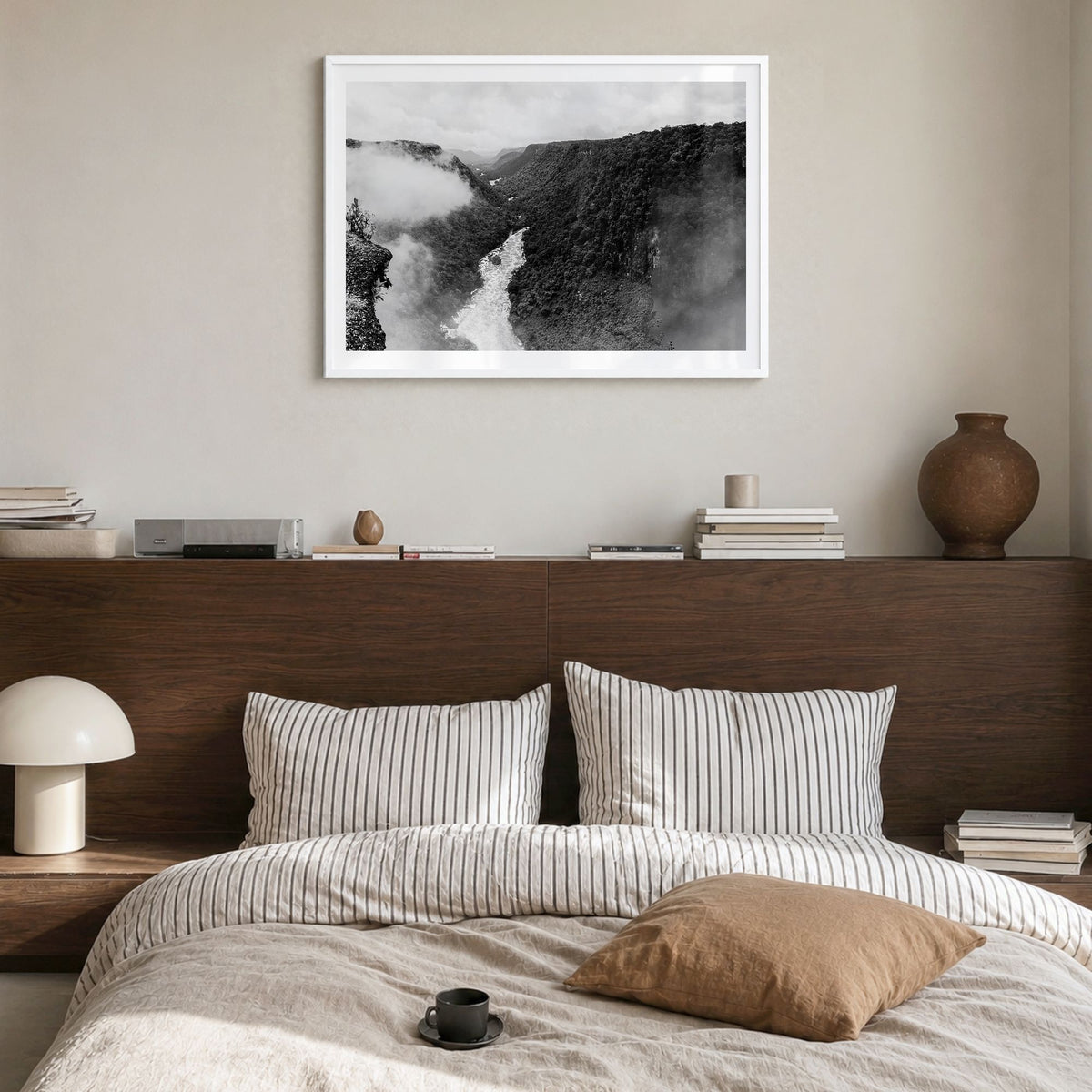 Guyana Photo Poster in a white wood frame, hanging in a bedroom, white border