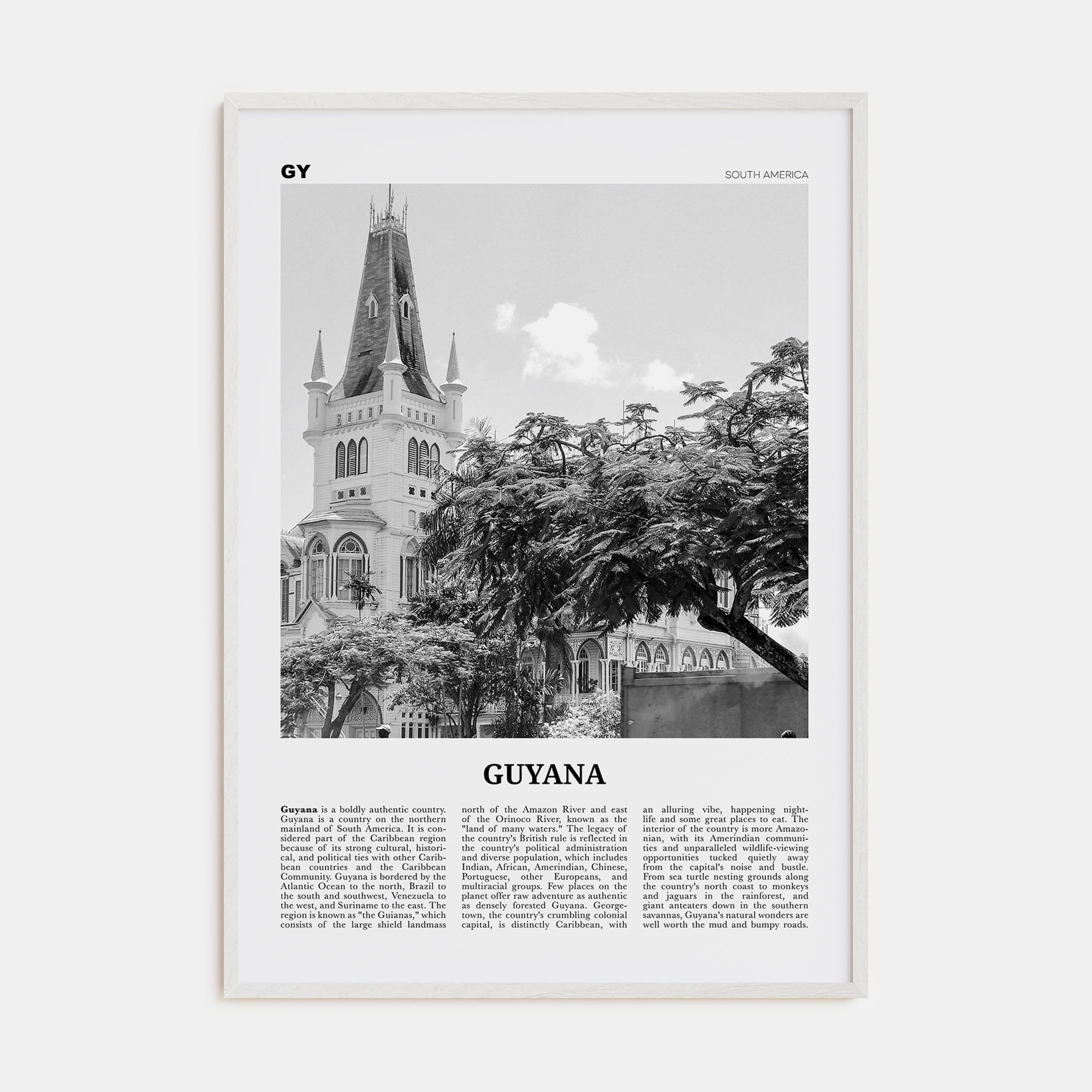 Guyana Poster White Wood / 8x12 in Nbourhood Travel B&W Poster