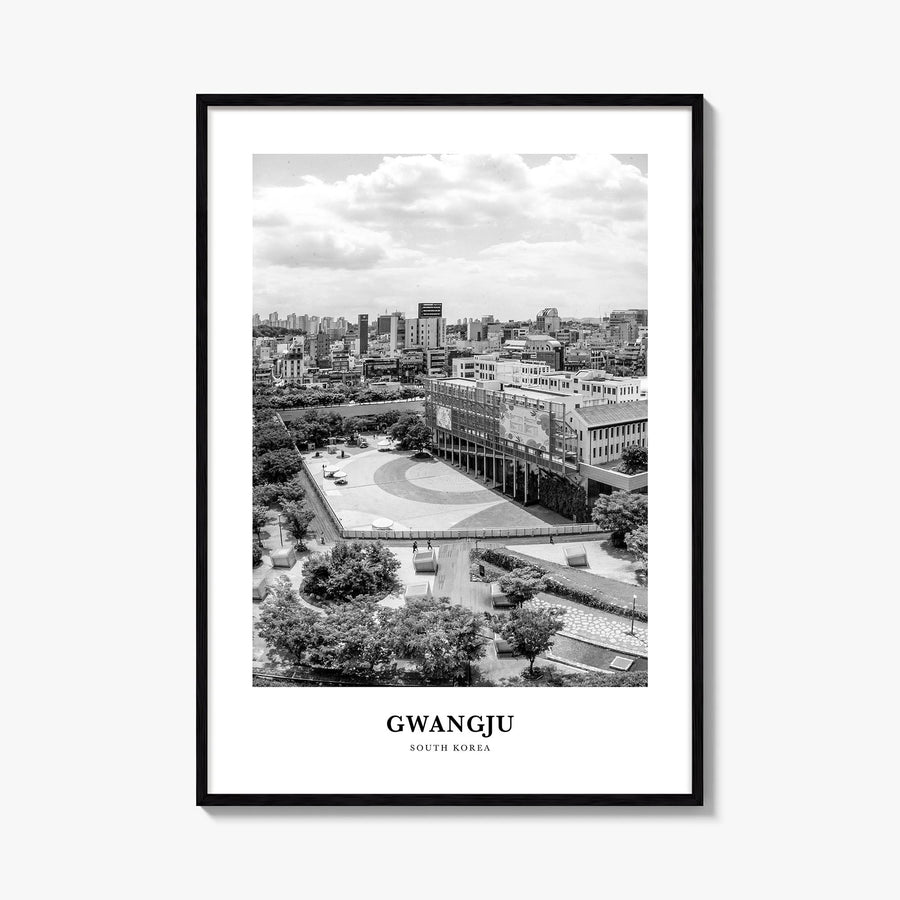Gwangju black & white classic poster of South Korea – vertical wall art, unframed print shown in interior mockup
