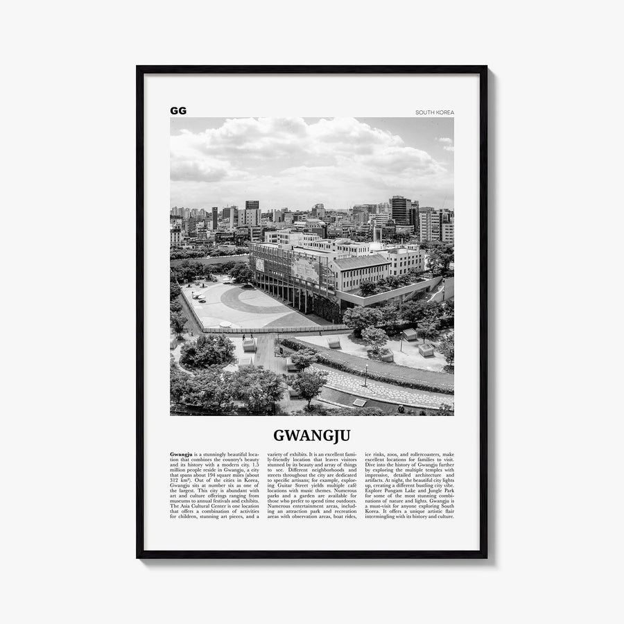 Gwangju black & white newspaper poster of South Korea – vertical wall art, unframed print shown in interior mockup