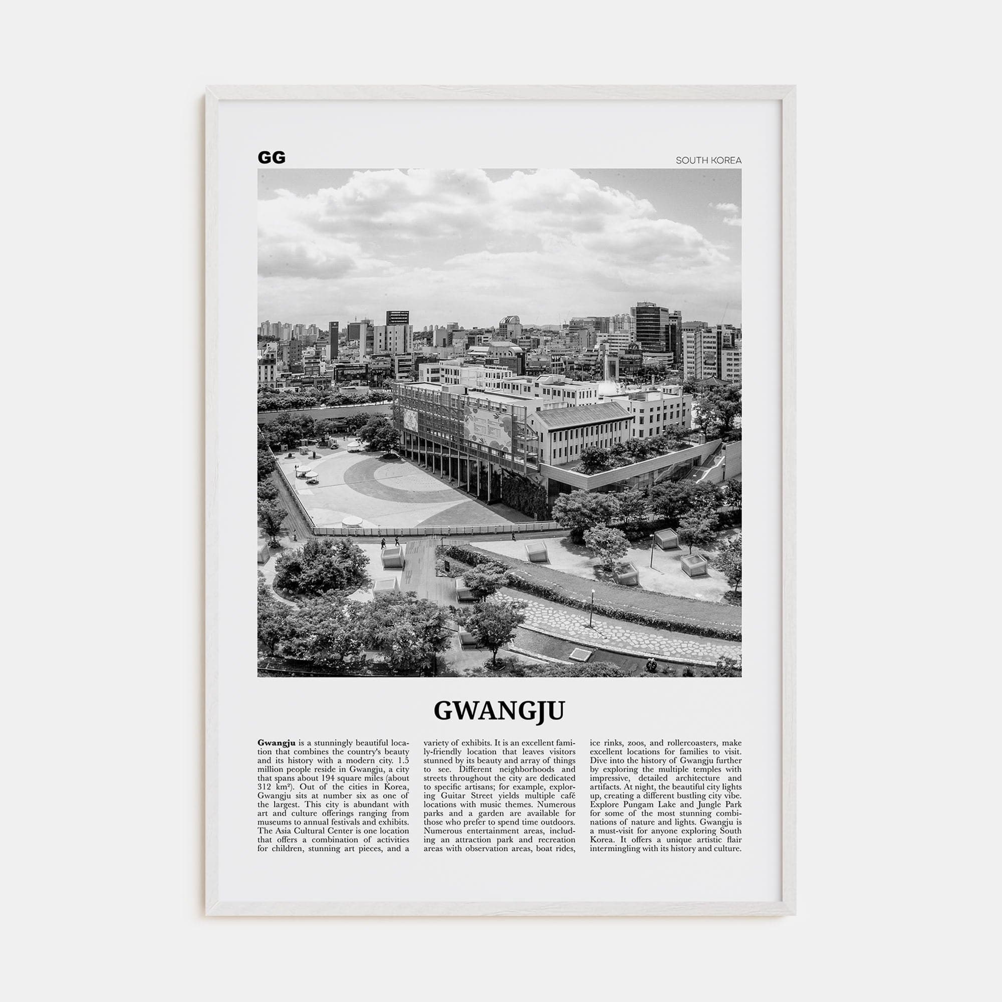 Gwangju Poster White Wood / 8x12 in Nbourhood Travel B&W Poster