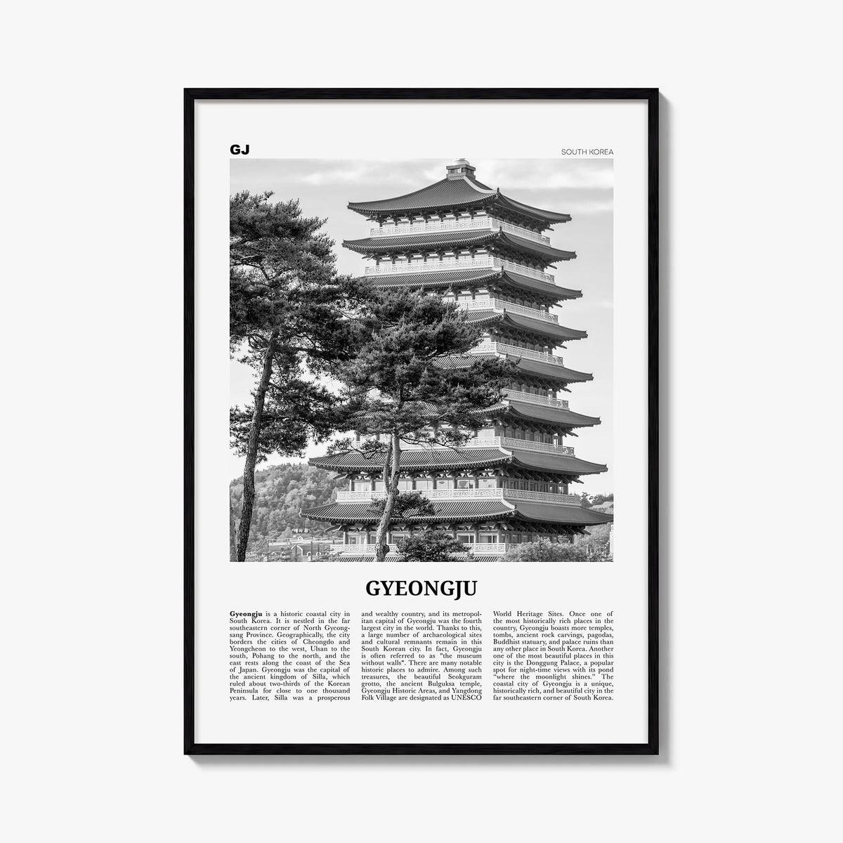 Gyeongju black & white newspaper poster of South Korea – vertical wall art, unframed print shown in interior mockup
