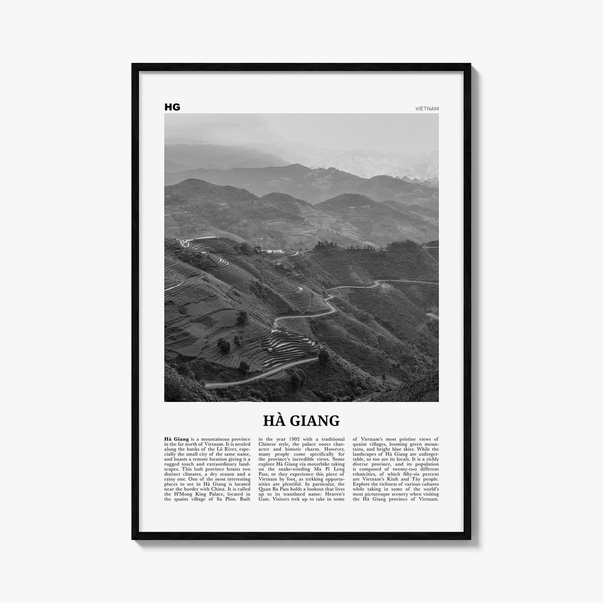 Ha Giang black & white newspaper poster of Vietnam – vertical wall art, unframed print shown in interior mockup