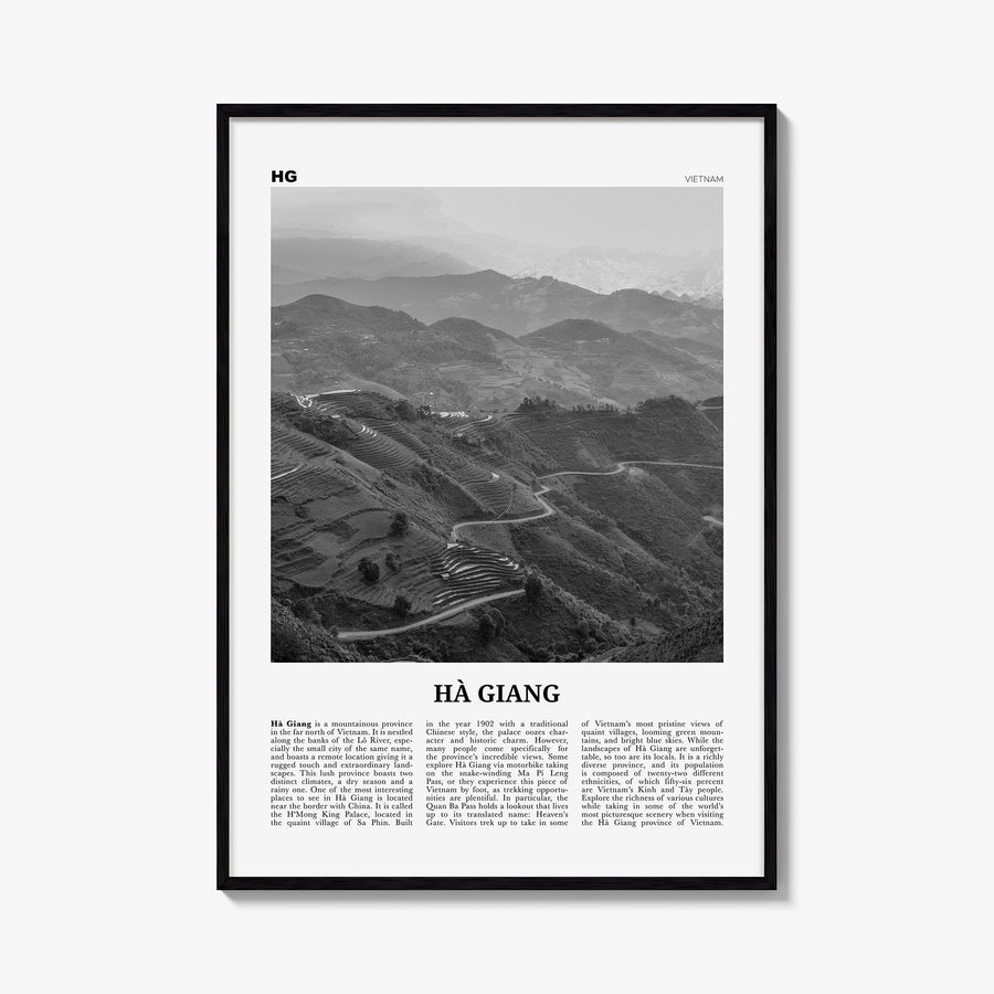 Ha Giang black & white newspaper poster of Vietnam – vertical wall art, unframed print shown in interior mockup