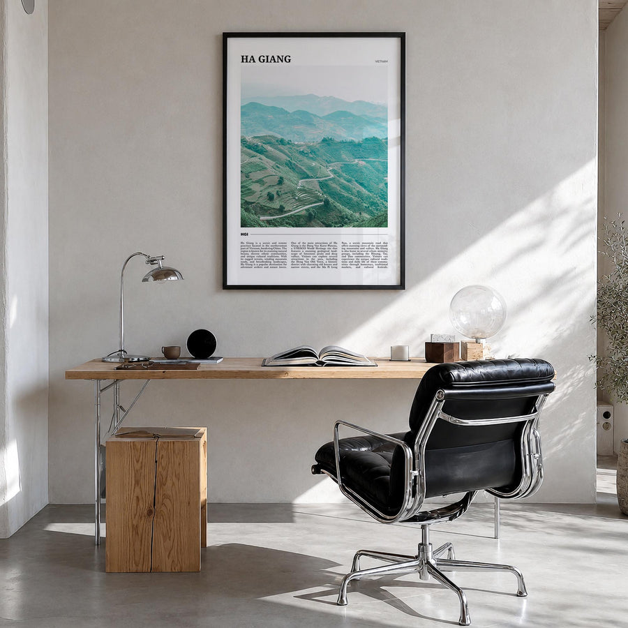Ha Giang colorful travel poster of Vietnam – vertical wall art in black wood frame, hanging on wall