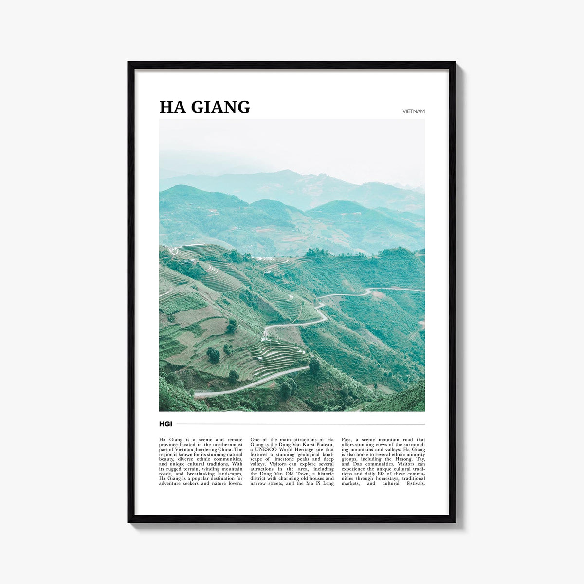 Ha Giang colorful travel poster of Vietnam – vertical wall art, unframed print shown in interior mockup