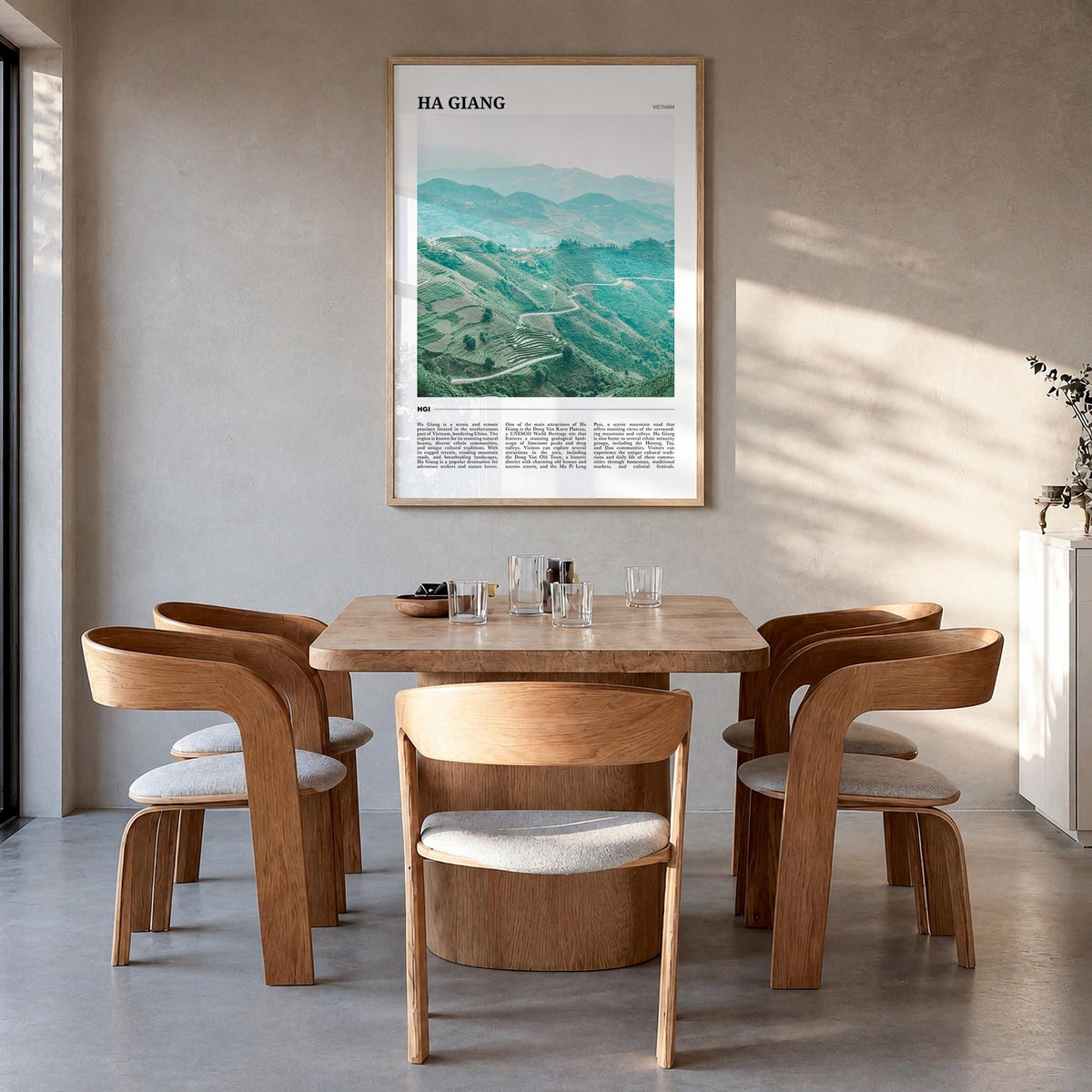 Ha Giang colorful travel poster of Vietnam – vertical wall art in natural wood frame, hanging on wall