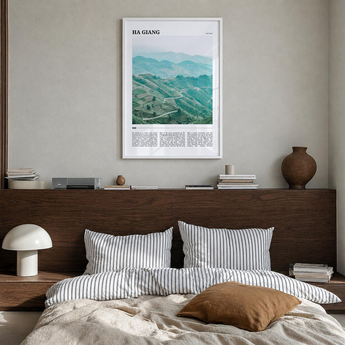 Ha Giang colorful travel poster of Vietnam – vertical wall art in white wood frame, hanging on wall