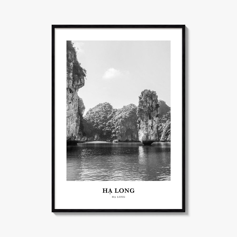 Ha Long black & white classic poster of Vietnam – vertical wall art, unframed print shown in interior mockup