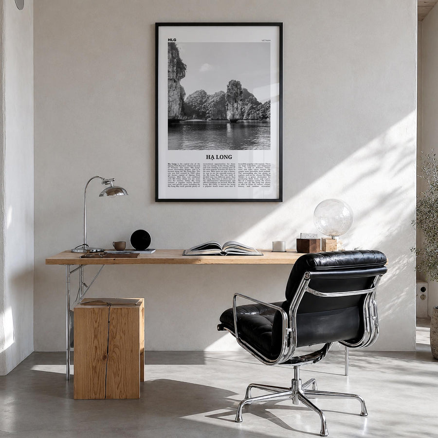 Ha Long black & white newspaper poster of Vietnam – vertical wall art in black wood frame, hanging on wall
