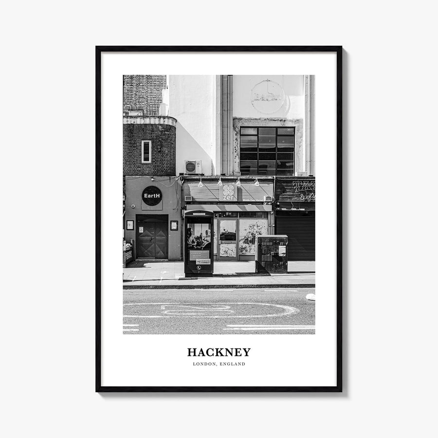 Hackney black & white classic poster of London, England – vertical wall art, unframed print shown in interior mockup