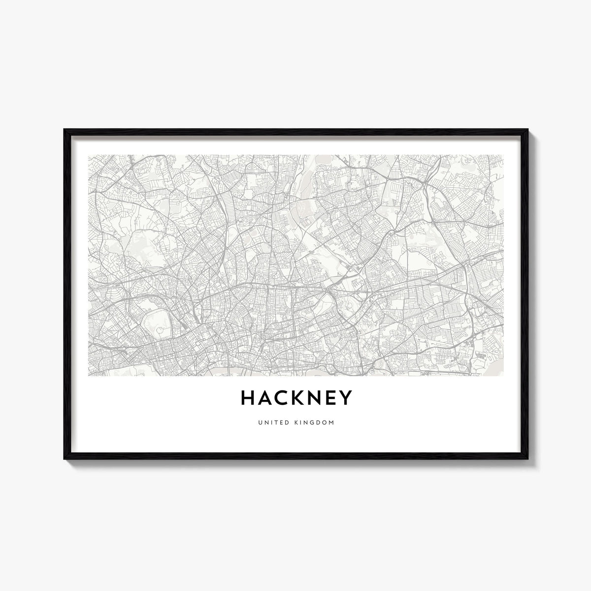 Hackney black & white map poster of London, England – horizontal wall art, unframed print shown in interior mockup