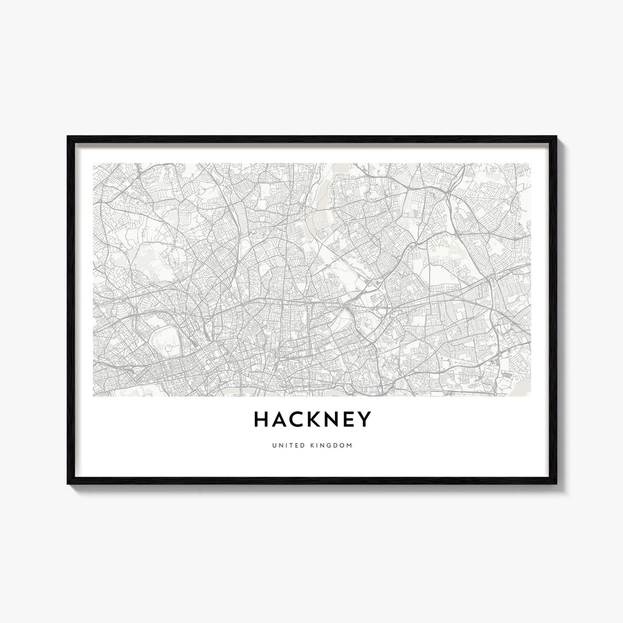 Hackney black & white map poster of London, England – horizontal wall art, unframed print shown in interior mockup