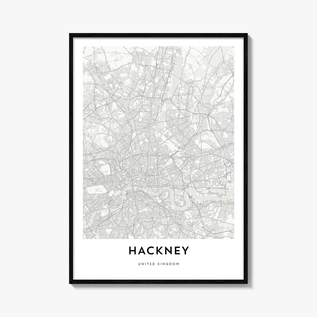 Hackney black & white map poster of London, England – vertical wall art, unframed print shown in interior mockup