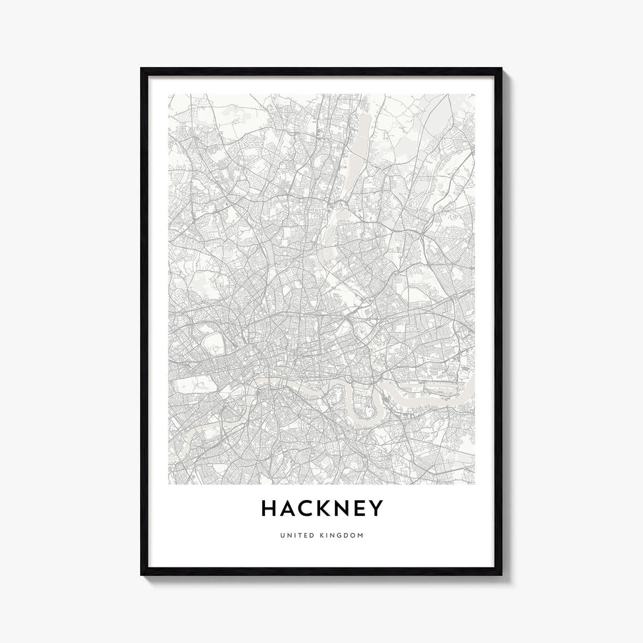 Hackney black & white map poster of London, England – vertical wall art, unframed print shown in interior mockup