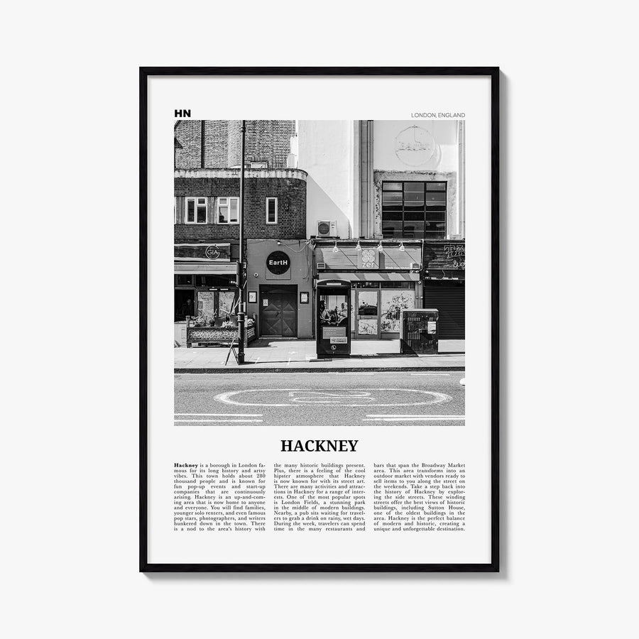 Hackney black & white newspaper poster of London, England – vertical wall art, unframed print shown in interior mockup
