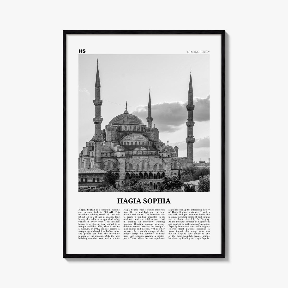 Hagia Sophia black & white newspaper poster of Istanbul, Türkiye – vertical wall art, unframed print shown in interior mockup