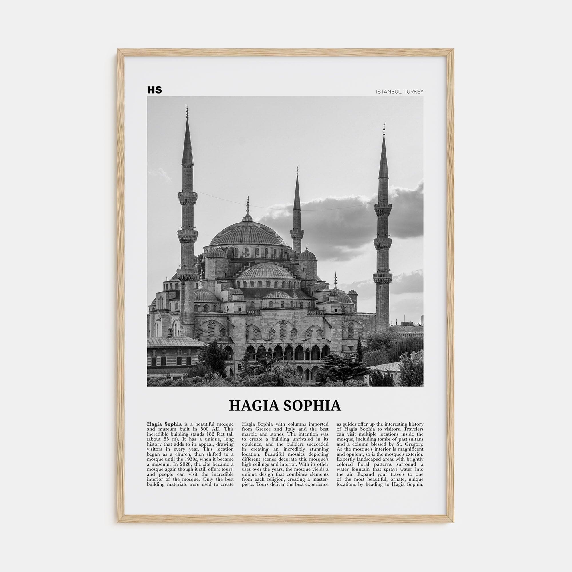 Hagia Sophia Poster Natural Wood / 8x12 in Nbourhood Travel B&W Poster