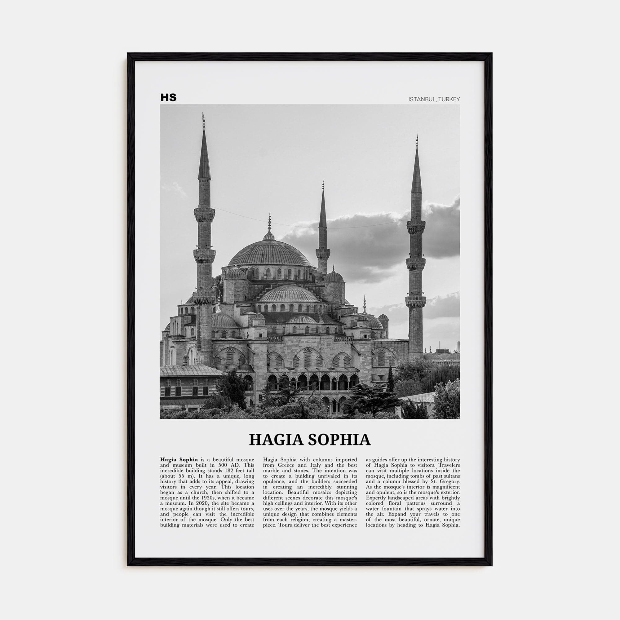 Hagia Sophia Poster Black Wood / 8x12 in Nbourhood Travel B&W Poster