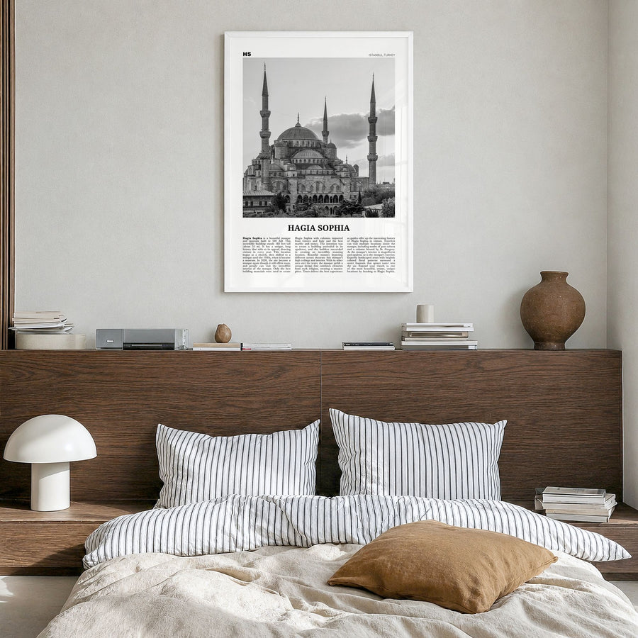 Hagia Sophia Newspaper Poster in a white wood frame, hanging in a bedroom